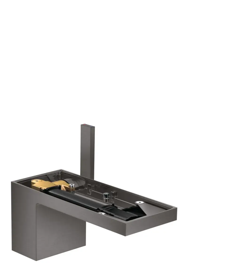 Waschtischmischer von AXOR mit einem minimalistischen Design in gebürstetem Schwarzchrom. Integrierte Push-Open Ablaufgarnitur, ohne Plattenmontage.